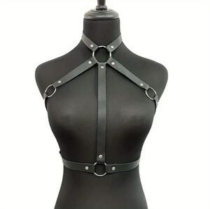 Black PU Leather Adjustable Gothic Cage Style Chest Body Harness